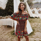 Boho Floral Print Off Shoulder Summer Mini Dress