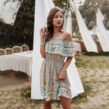 Boho Floral Print Off Shoulder Summer Mini Dress