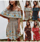 Boho Floral Print Off Shoulder Summer Mini Dress