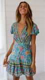 Green Boho Floral Print Mini Dress