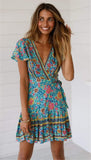 Green Boho Floral Print Mini Dress