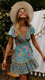 Green Boho Floral Print Mini Dress