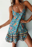 Green Spaghetti Strap Boho Mini Dress