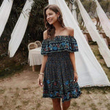 Boho Floral Print Off Shoulder Summer Mini Dress