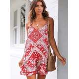 Red  White Spaghetti Strap Boho Dress