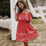 Boho Floral Print Off Shoulder Summer Mini Dress