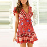 Red Boho Floral Print Mini Dress