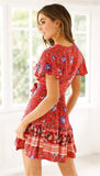 Red Boho Floral Print Mini Dress