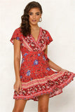 Red Boho Floral Print Mini Dress
