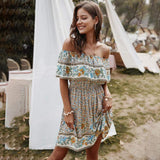 Boho Floral Print Off Shoulder Summer Mini Dress
