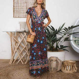Blue Boho V-Neck Wrap Dress