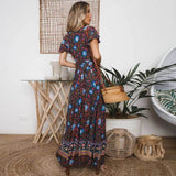 Blue Boho V-Neck Wrap Dress