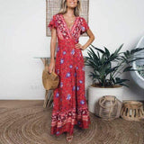 Red Boho V-Neck Wrap Dress