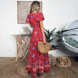 Red Boho V-Neck Wrap Dress