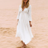 Deep V Neck Long Sleeve Lace Crochet Dress