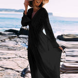 Deep V Neck Long Sleeve Lace Crochet Dress
