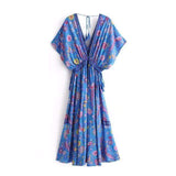 Boho Floral Print V Neck Maxi Dress