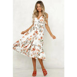 Boho V Neck Floral Print Midi Dress