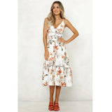 Boho V Neck Floral Print Midi Dress