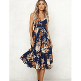 Boho V Neck Floral Print Midi Dress