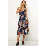Boho V Neck Floral Print Midi Dress