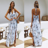 Boho Floral Print Halter V Neck Backless Maxi Dress