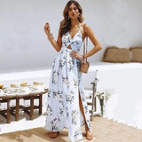 Boho Floral Print Halter V Neck Backless Maxi Dress