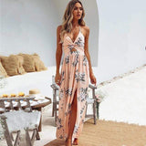 Boho Floral Print Halter V Neck Backless Maxi Dress